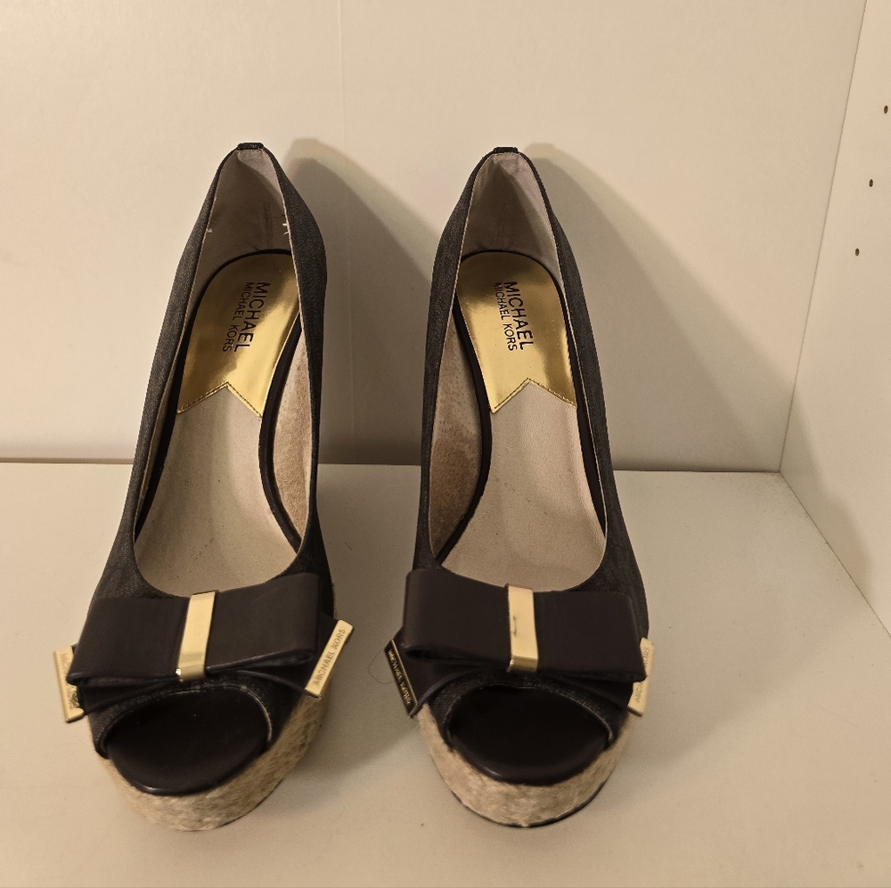 Michael Kors Black and Gold Peep-Toe Wedge Heels